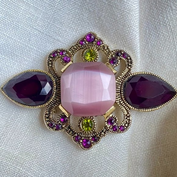 Amethyst & Satin Pink Opalescent Czech Glass Brooch - Picture 1 of 3